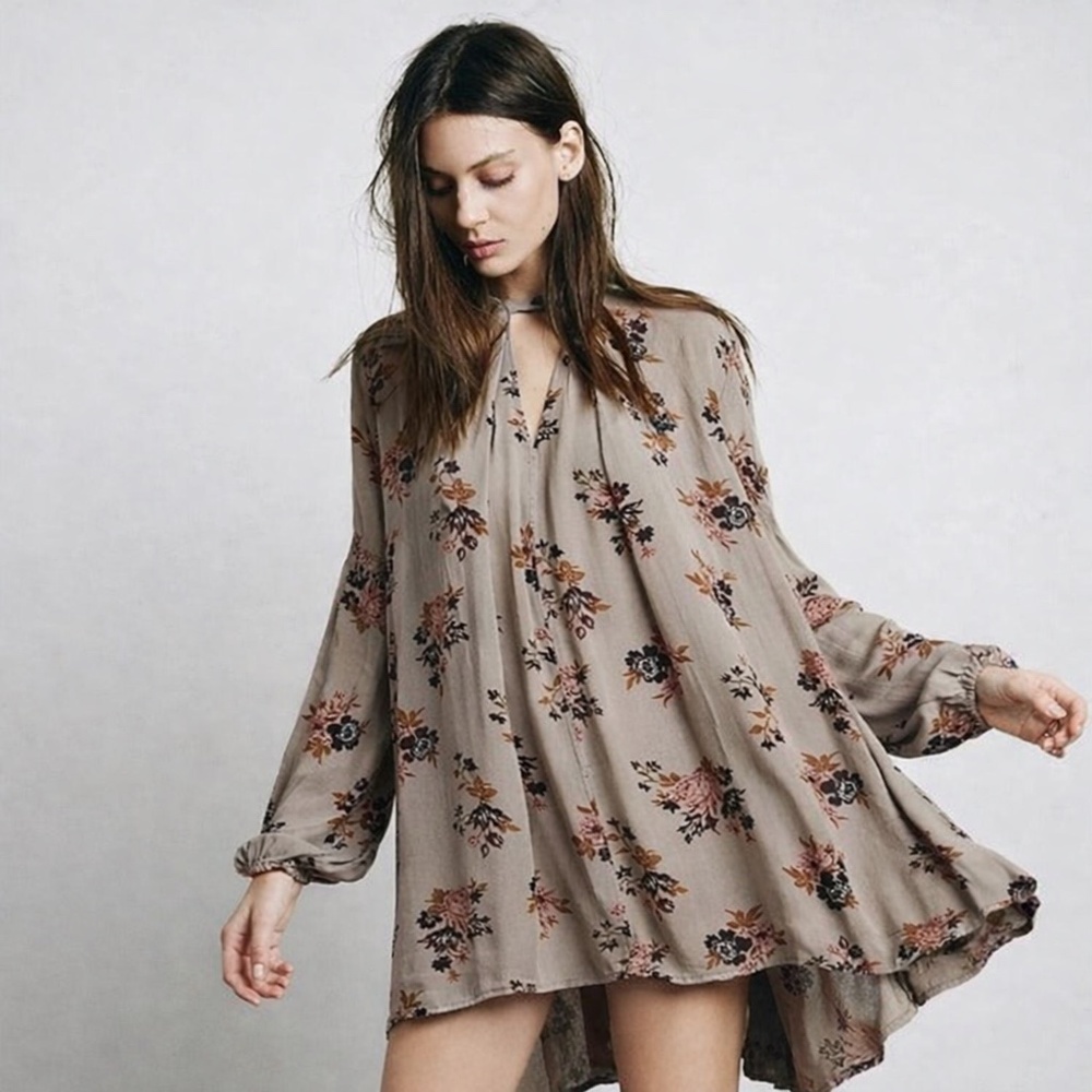 Free People Floral Boho Swing Tunic Mini Dress Taupe Hi Low Long Sleeve XS
